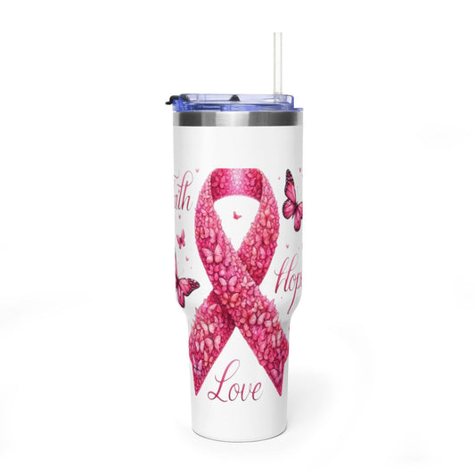Breast Cancer Awareness 40oz Tumbler — Pink Ribbon, Faith Hope Love Travel Mug