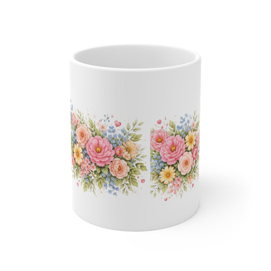 Floral Bouquet Coffee Mug — Pink & Yellow Vintage Flower 11oz Ceramic