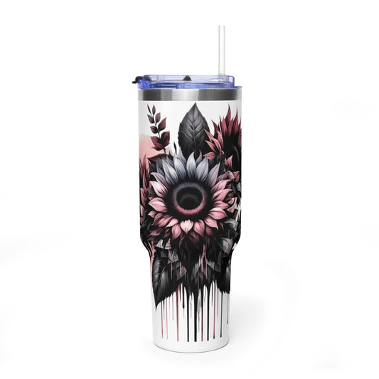 40oz Floral Skull Tumbler — Pink & Black Sunflower Drip Vacuum Mug