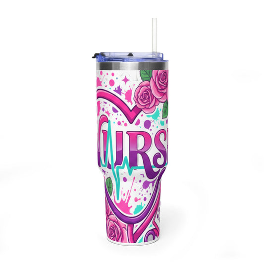 40oz Floral Nurse Tumbler – Pink Roses Medical Appreciation Travel Mug