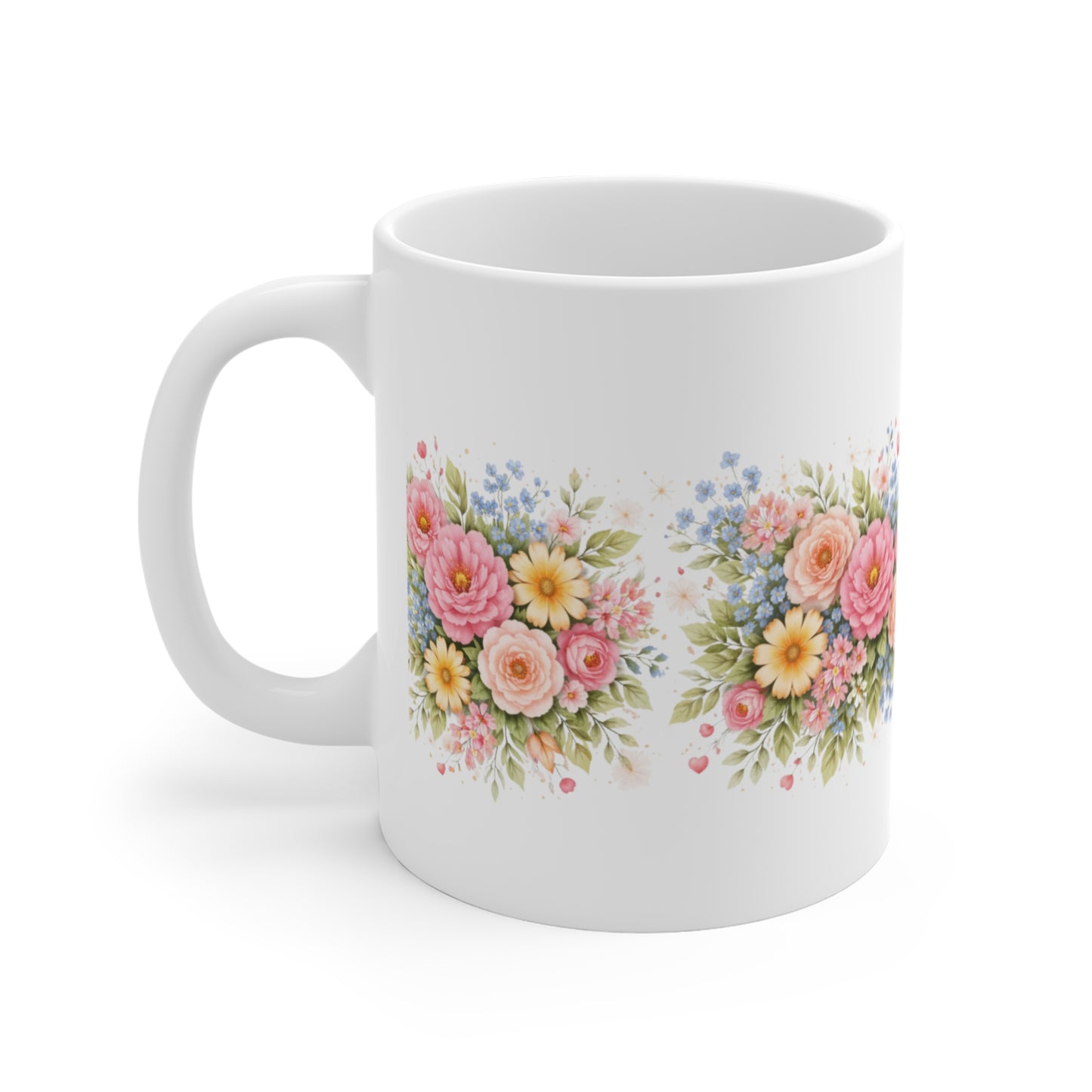 Floral Bouquet Coffee Mug — Pink & Yellow Vintage Flower 11oz Ceramic