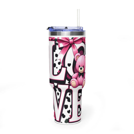 LOVE Pink Teddy 40oz Vacuum Tumbler – Insulated Travel Cup with Straw